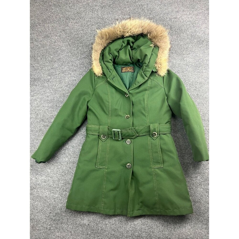 VNTG 70s Eddie Bauer Goose Down Jacket Women's S/M Green Belted Coyote Fur‎ Hood
